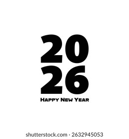 A sleek vector illustration featuring bold “2026” numerals stacked above a clean “Happy New Year” message in modern sans-serif type on a transparent background. 