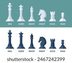 A sleek vector illustration featuring a set of white and black chess pieces with labeled names