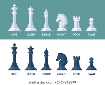 A sleek vector illustration featuring a set of white and black chess pieces with labeled names