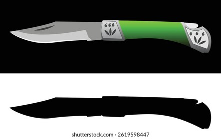 A sleek vector illustration of a folding pocketknife, presented in a vibrant green and silver detailed style alongside a bold black silhouette. Ideal for outdoor, survival, camping, or hunting-themed