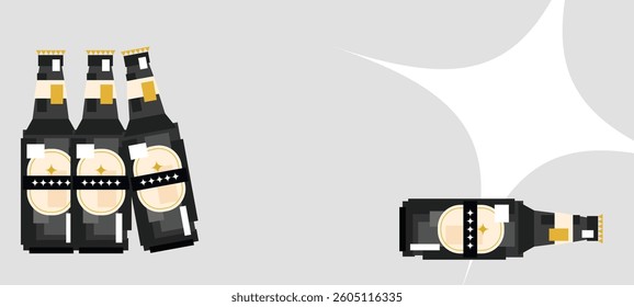 A sleek vector illustration of four stylized dark beer bottles arranged dynamically, with three standing upright and one tilted on its side