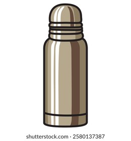 A sleek vector illustration of a metal thermos, featuring a cylindrical shape with a secure screw-on lid and an insulated design to keep beverages hot or cold. 