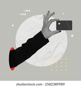 A sleek vector illustration showcasing a hand extending a credit card, symbolizing finance and modern transactions, presented in a contemporary collage style.