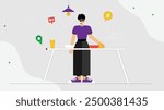 Sleek vector illustration showcasing a modern, minimalist kitchen scene with a stylish individual preparing a meal, reflecting urban lifestyle and simplicity.