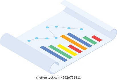 Eine elegante Vektorgrafik, die ein zusammengestelltes Dokument mit farbigen Balkendiagrammen und einem Liniendiagramm zeigt, das das Geschäftswachstum, die Leistungskennzahlen und die Finanzanalyse symbolisiert.