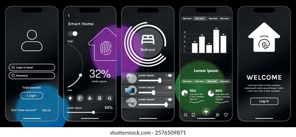Sleek vector illustration of a smart home app interface displayed on a smartphone. The design features a glass base, modern icons and controls.