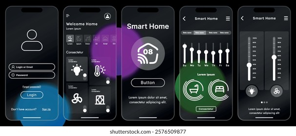 Sleek vector illustration of a smart home app interface displayed on a smartphone. The design features a glass base, modern icons and controls.
