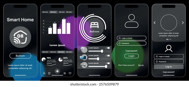 Sleek vector illustration of a smart home app interface displayed on a smartphone. The design features a glass base, modern icons and controls.