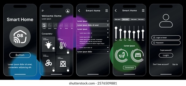 Sleek vector illustration of a smart home app interface displayed on a smartphone. The design features a glass base, modern icons and controls. - Powered by Shutterstock - Get 15% off with code: PIKWIZARD15