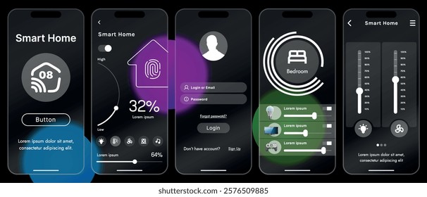 Sleek vector illustration of a smart home app interface displayed on a smartphone. The design features a glass base, modern icons and controls.