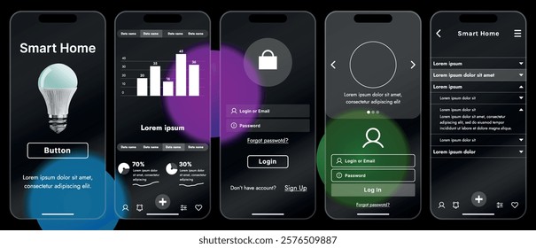 Sleek vector illustration of a smart home app interface displayed on a smartphone. The design features a glass base, modern icons and controls.