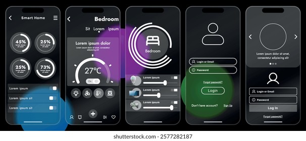 Sleek vector illustration of a smart home app interface displayed on a smartphone. The design features a glass base, modern icons and controls.