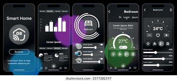 Sleek vector illustration of a smart home app interface displayed on a smartphone. The design features a glass base, modern icons and controls.