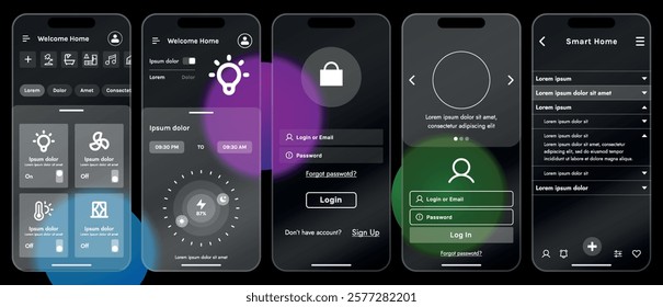 Sleek vector illustration of a smart home app interface displayed on a smartphone. The design features a glass base, modern icons and controls.