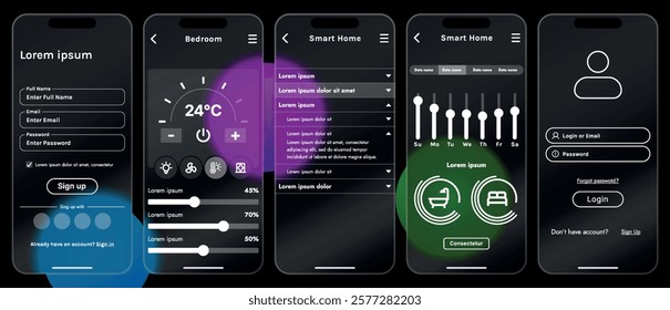 Sleek vector illustration of a smart home app interface displayed on a smartphone. The design features a glass base, modern icons and controls.