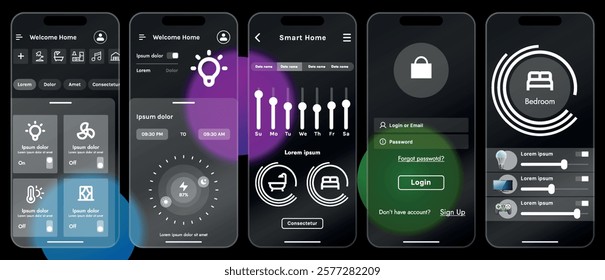 Sleek vector illustration of a smart home app interface displayed on a smartphone. The design features a glass base, modern icons and controls.