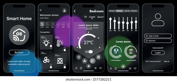 Sleek vector illustration of a smart home app interface displayed on a smartphone. The design features a glass base, modern icons and controls.