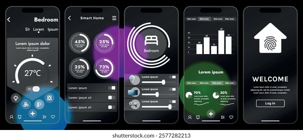 Sleek vector illustration of a smart home app interface displayed on a smartphone. The design features a glass base, modern icons and controls.