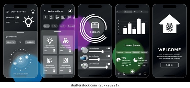 Sleek vector illustration of a smart home app interface displayed on a smartphone. The design features a glass base, modern icons and controls.