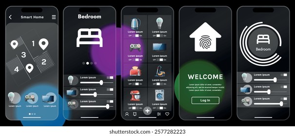 Sleek vector illustration of a smart home app interface displayed on a smartphone. The design features a glass base, modern icons and controls.