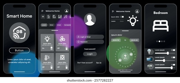 Sleek vector illustration of a smart home app interface displayed on a smartphone. The design features a glass base, modern icons and controls.