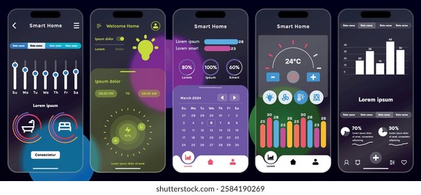 Sleek vector illustration of a smart home app interface displayed on a smartphone. The design features a glass base, modern icons and controls.