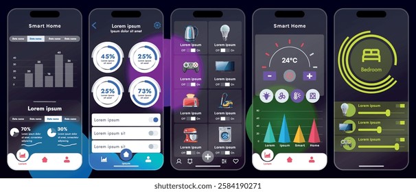 Sleek vector illustration of a smart home app interface displayed on a smartphone. The design features a glass base, modern icons and controls.