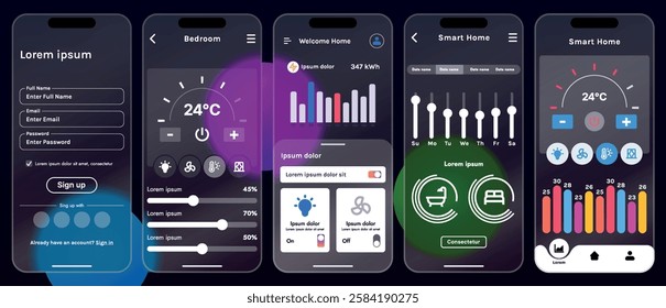 Sleek vector illustration of a smart home app interface displayed on a smartphone. The design features a glass base, modern icons and controls.