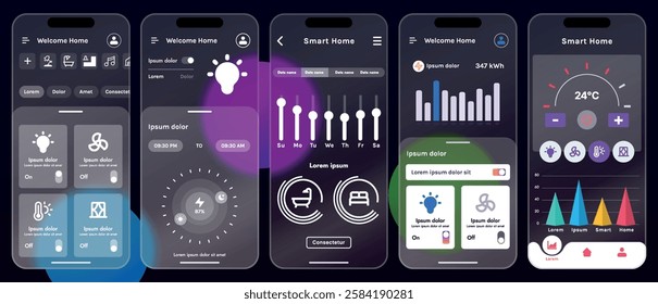 Sleek vector illustration of a smart home app interface displayed on a smartphone. The design features a glass base, modern icons and controls.