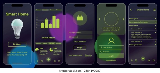 Sleek vector illustration of a smart home app interface displayed on a smartphone. The design features a glass base, modern icons and controls.