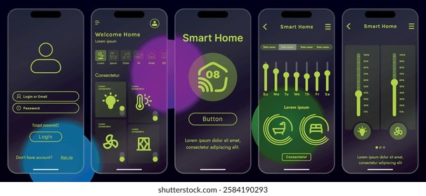 Sleek vector illustration of a smart home app interface displayed on a smartphone. The design features a glass base, modern icons and controls.
