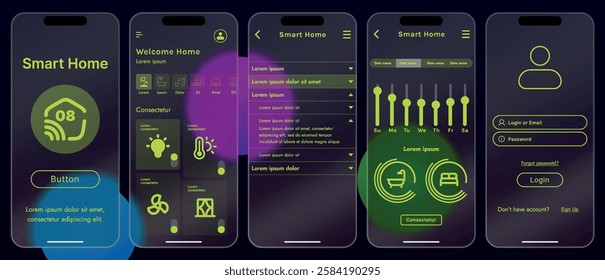 Sleek vector illustration of a smart home app interface displayed on a smartphone. The design features a glass base, modern icons and controls.