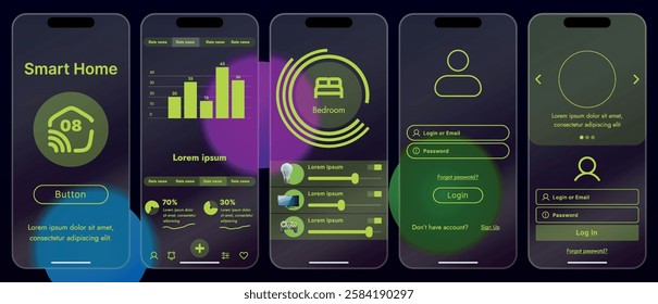 Sleek vector illustration of a smart home app interface displayed on a smartphone. The design features a glass base, modern icons and controls.