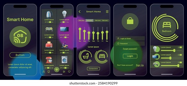 Sleek vector illustration of a smart home app interface displayed on a smartphone. The design features a glass base, modern icons and controls.