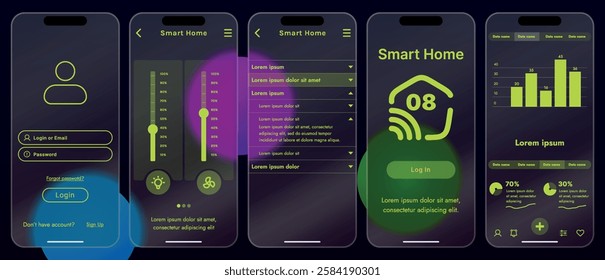 Sleek vector illustration of a smart home app interface displayed on a smartphone. The design features a glass base, modern icons and controls.