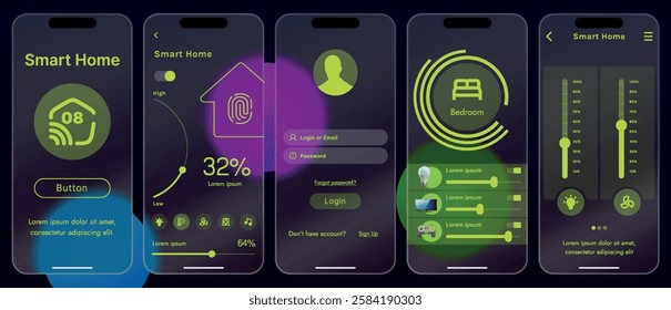 Sleek vector illustration of a smart home app interface displayed on a smartphone. The design features a glass base, modern icons and controls.