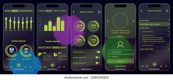 Sleek vector illustration of a smart home app interface displayed on a smartphone. The design features a glass base, modern icons and controls.