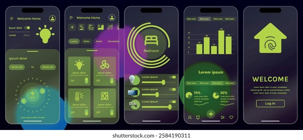 Sleek vector illustration of a smart home app interface displayed on a smartphone. The design features a glass base, modern icons and controls.