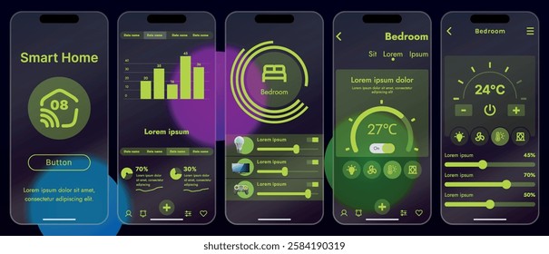 Sleek vector illustration of a smart home app interface displayed on a smartphone. The design features a glass base, modern icons and controls.