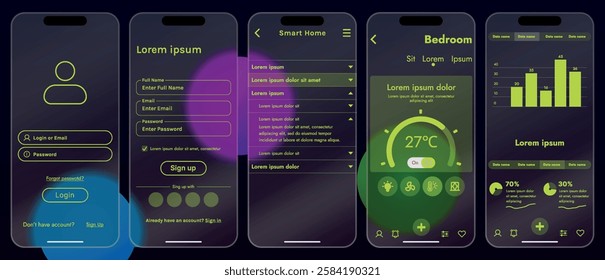 Sleek vector illustration of a smart home app interface displayed on a smartphone. The design features a glass base, modern icons and controls.