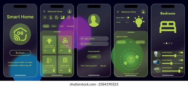 Sleek vector illustration of a smart home app interface displayed on a smartphone. The design features a glass base, modern icons and controls.