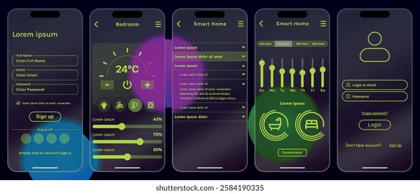 Sleek vector illustration of a smart home app interface displayed on a smartphone. The design features a glass base, modern icons and controls.