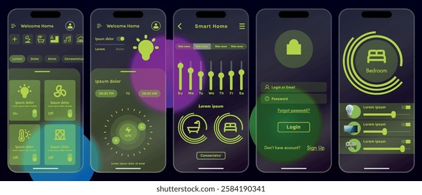 Sleek vector illustration of a smart home app interface displayed on a smartphone. The design features a glass base, modern icons and controls.