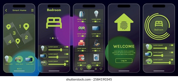 Sleek vector illustration of a smart home app interface displayed on a smartphone. The design features a glass base, modern icons and controls.
