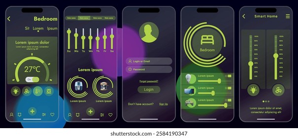 Sleek vector illustration of a smart home app interface displayed on a smartphone. The design features a glass base, modern icons and controls.