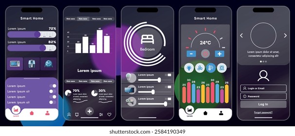 Sleek vector illustration of a smart home app interface displayed on a smartphone. The design features a glass base, modern icons and controls.