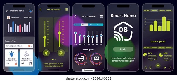 Sleek vector illustration of a smart home app interface displayed on a smartphone. The design features a glass base, modern icons and controls.