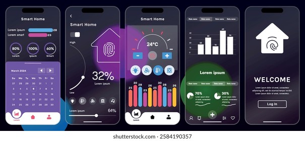 Sleek vector illustration of a smart home app interface displayed on a smartphone. The design features a glass base, modern icons and controls.