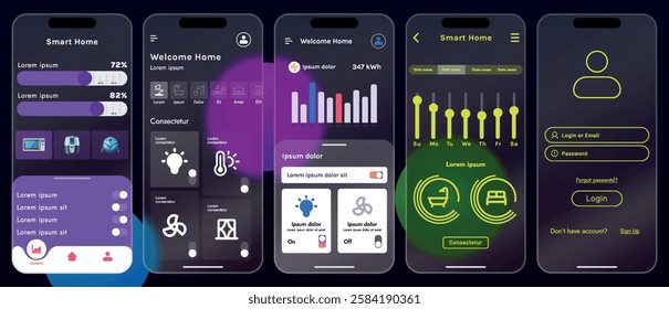Sleek vector illustration of a smart home app interface displayed on a smartphone. The design features a glass base, modern icons and controls.