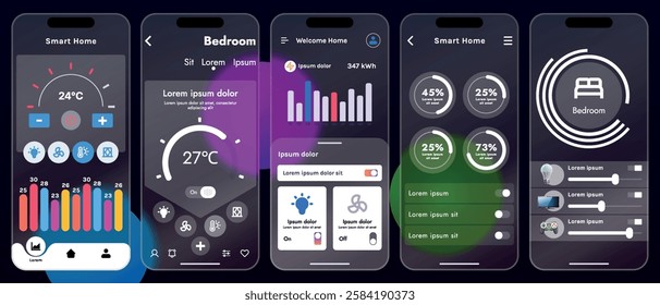 Sleek vector illustration of a smart home app interface displayed on a smartphone. The design features a glass base, modern icons and controls.